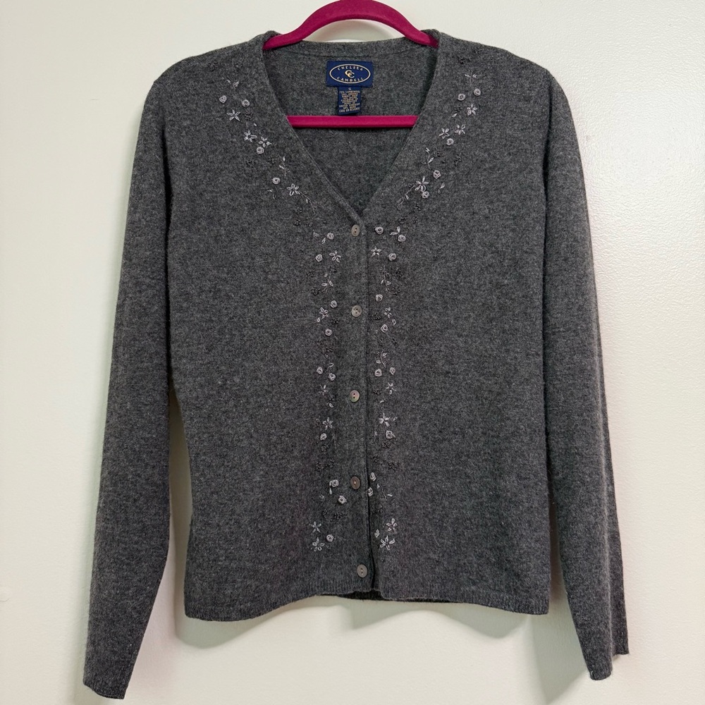 Vintage Chelsea Campbell Lambswool Angora Grey Embroidered Floral Cardigan, S - Picture 2 of 10